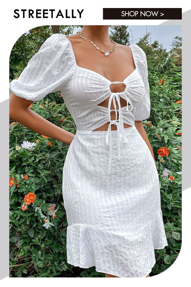 Hollow -out White Lace -up Bubble Sleeve Mini Dresses