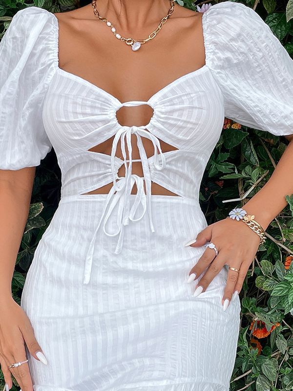 Hollow -out White Lace -up Bubble Sleeve Mini Dresses