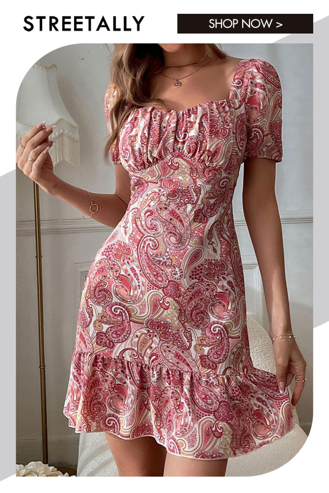French Floral Puff Sleeve Square Neck Print Light Mini Dresses