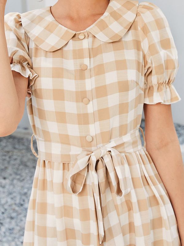 Plaid Short Sleeve Doll Collar French Midi Dresses