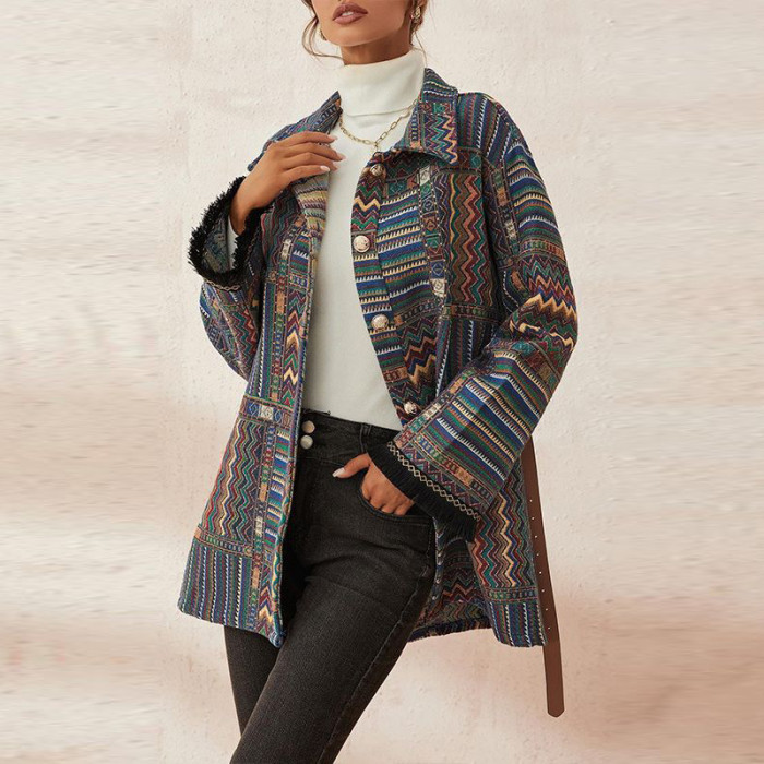 Woolen Ethnic Knit Lapel Neck Waist Elegant Coats