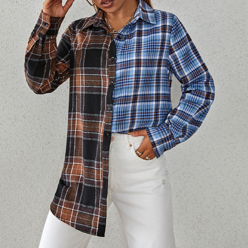 Paneled Plaid Long Sleeves Button Lapel Blouses & Shirts