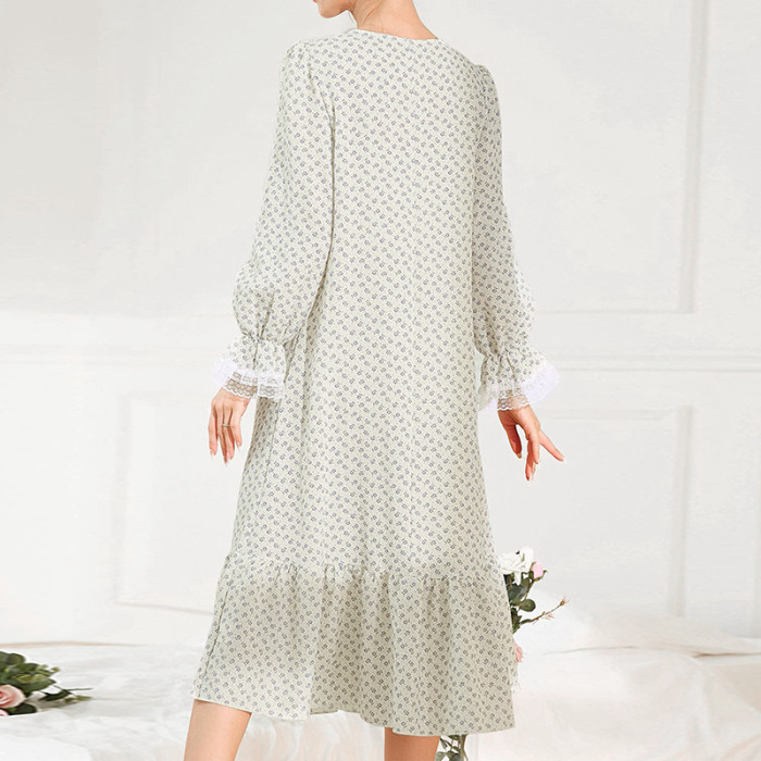 French Long -sleeved Comfortable Elegant Lace Ruffled Edge Midi Dresses