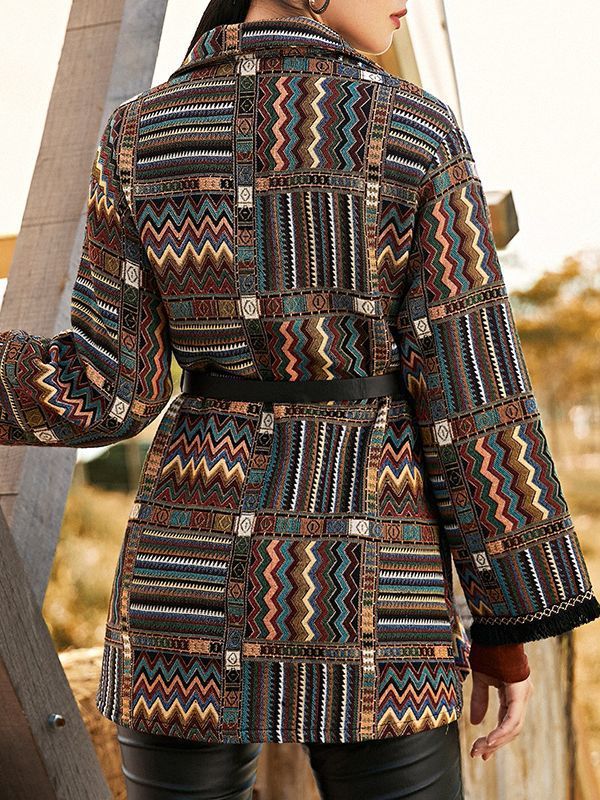 Woolen Ethnic Knit Lapel Neck Waist Elegant Coats