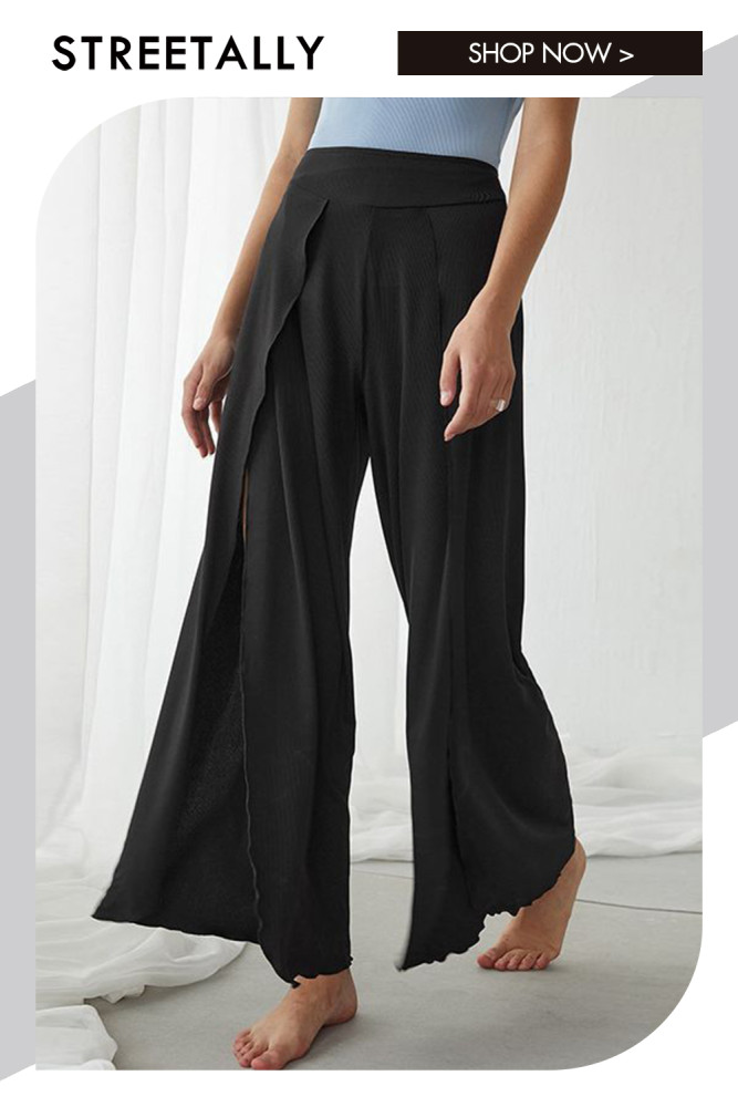 Casual Wide Leg Black Split Stylish and Elegant Pants