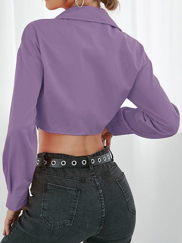 Solid Color Lapel Elegant Long Sleeve Blouses & Shirts