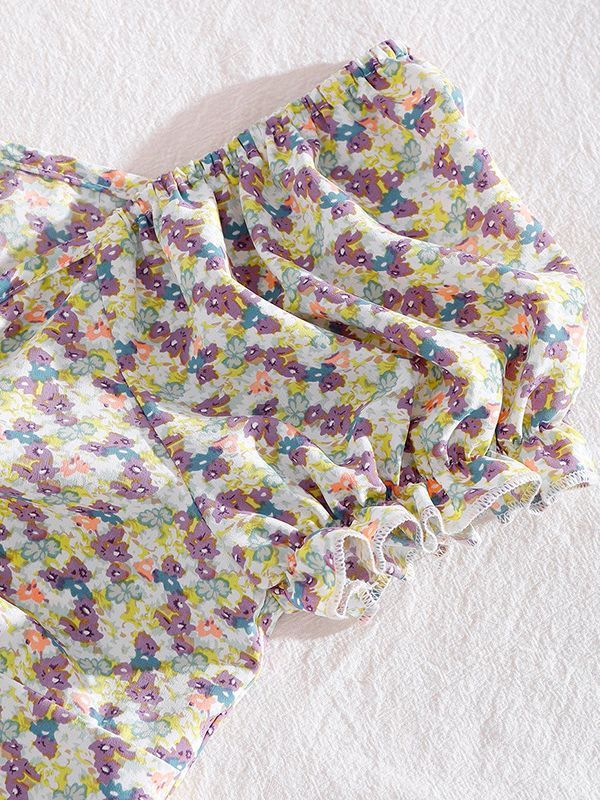 Chiffon Short Sleeve Floral Vintage Open Waist Zip Blouses & Shirts