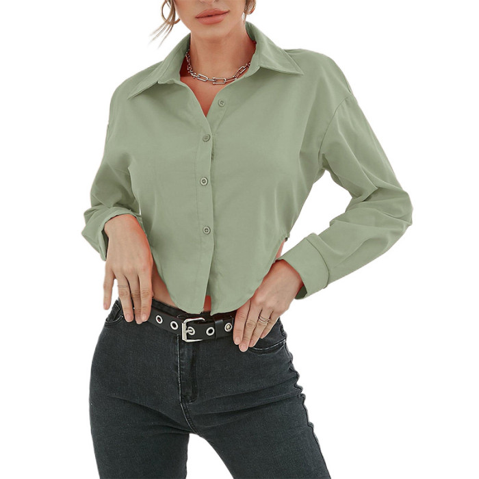Solid Color Lapel Elegant Long Sleeve Blouses & Shirts