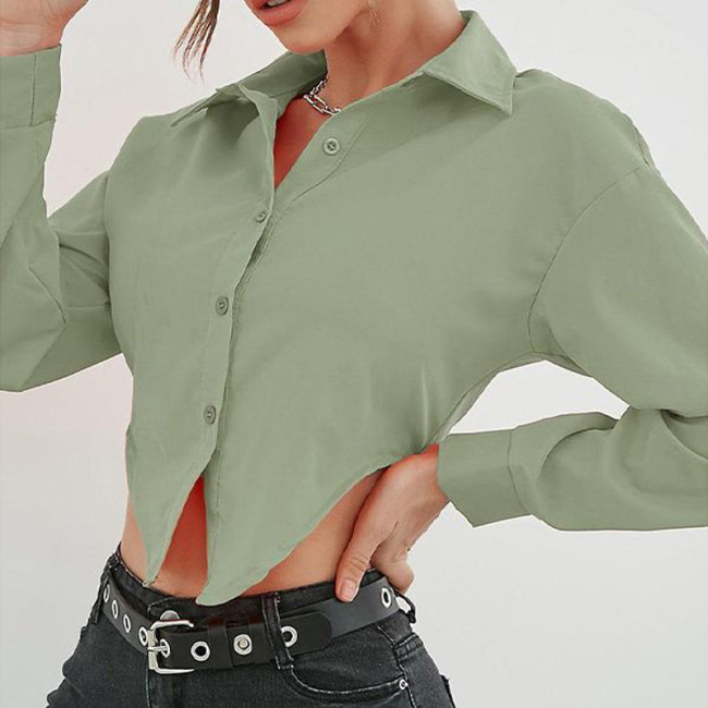 Solid Color Lapel Elegant Long Sleeve Blouses & Shirts