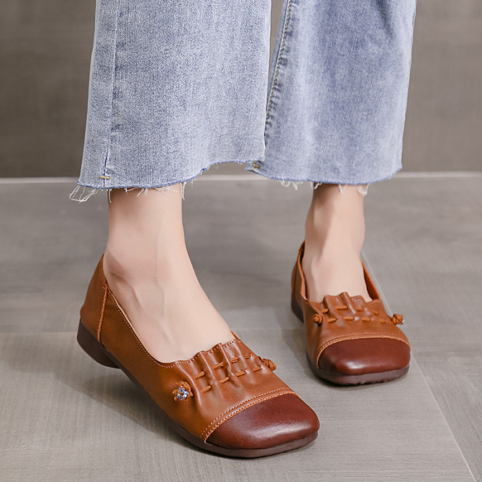 Soft Bottom Shallow Mouth Square Toe Flat Large Leather Flat & Loafers