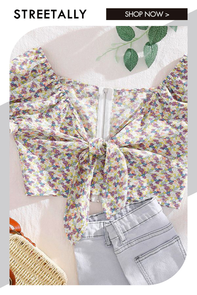 Chiffon Short Sleeve Floral Vintage Open Waist Zip Blouses & Shirts