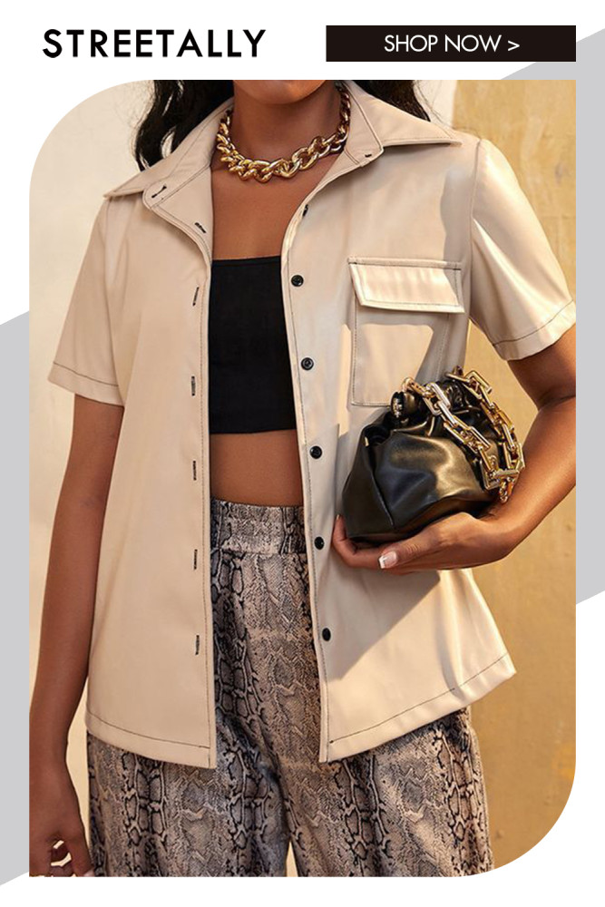 Leather Short Sleeve Button Lapel Solid Blouses & Shirts