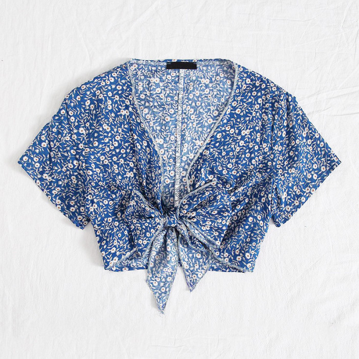 Small Fresh Floral Tie French V-neck Niche Blouses & Shirts