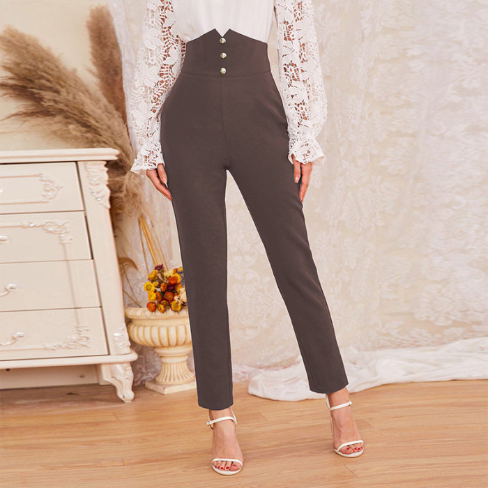 Slim Button High Waist Elegant Small Feet Solid Color Pants