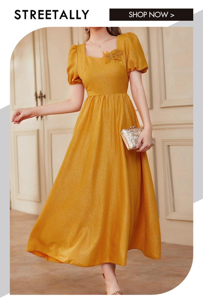 French Square Neck Short Sleeves Elegant High Waist Maxi Dresses