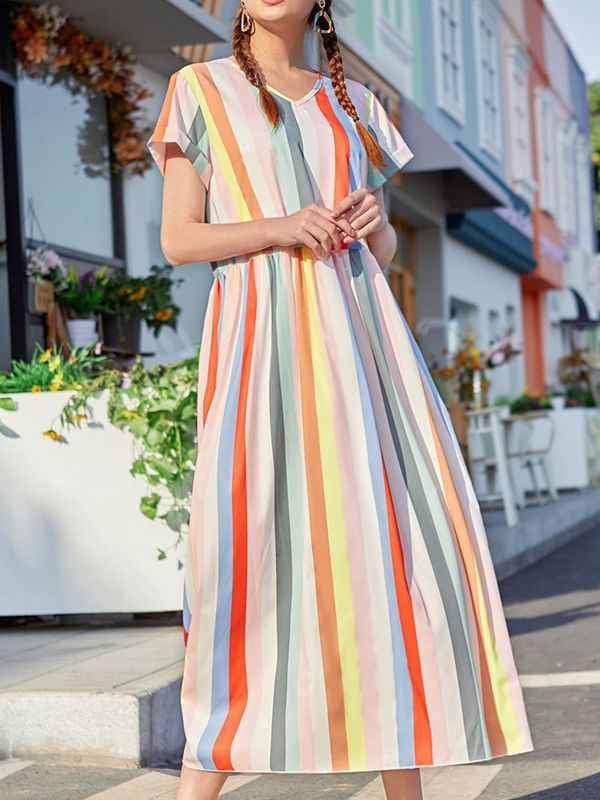 Loose Striped Lazy Chiffon V-Neck Short Sleeve Midi Dresses