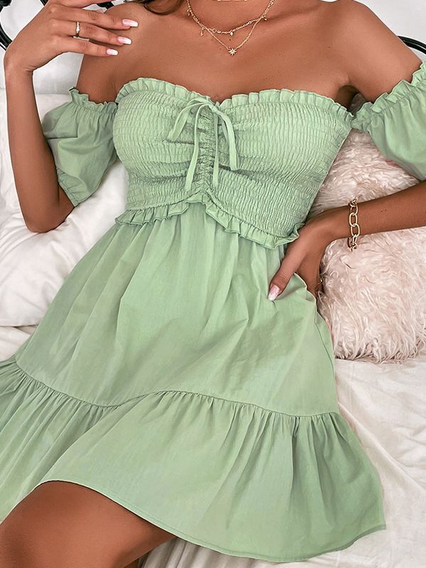 Solid Color One Shoulder Sexy High Waist Short Sleeve Mini Dresses