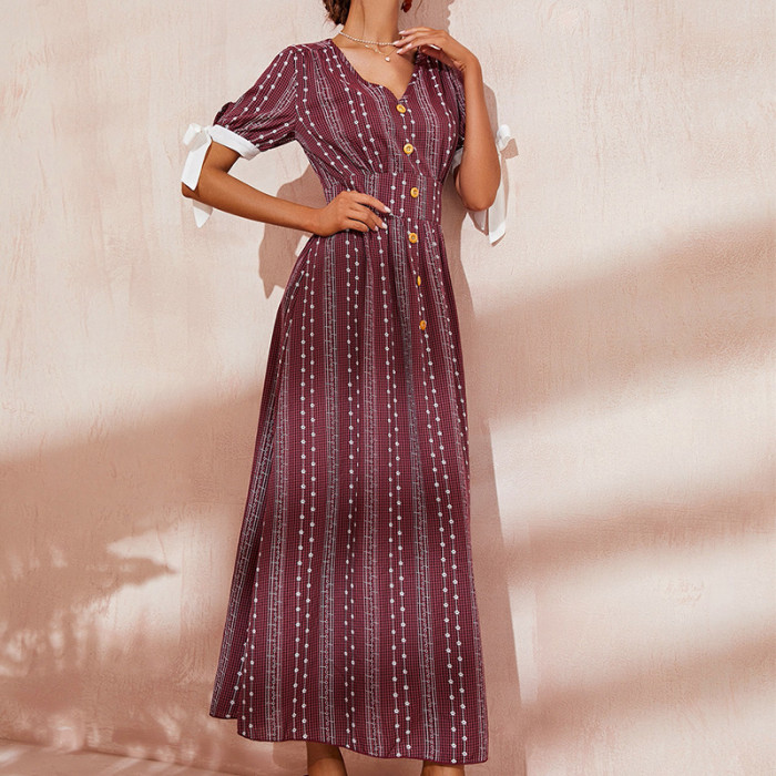 Elegant V-Neck Short Sleeves Niche Stripes Maxi Dresses