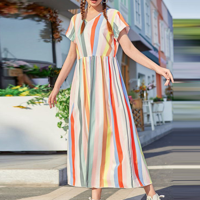 Loose Striped Lazy Chiffon V-Neck Short Sleeve Midi Dresses