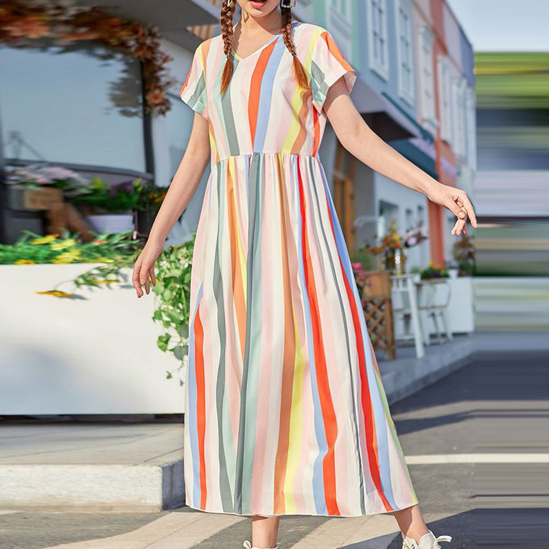 Loose Striped Lazy Chiffon V-Neck Short Sleeve Midi Dresses