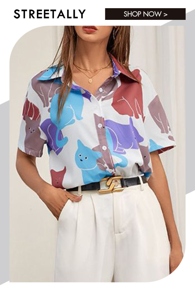 Elegant Lightweight Lapel Print Cat Long Sleeve Blouses & Shirts