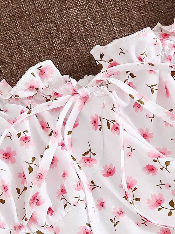 Floral Sweet One-Shoulder Tie Short Sleeve Mini Dresses