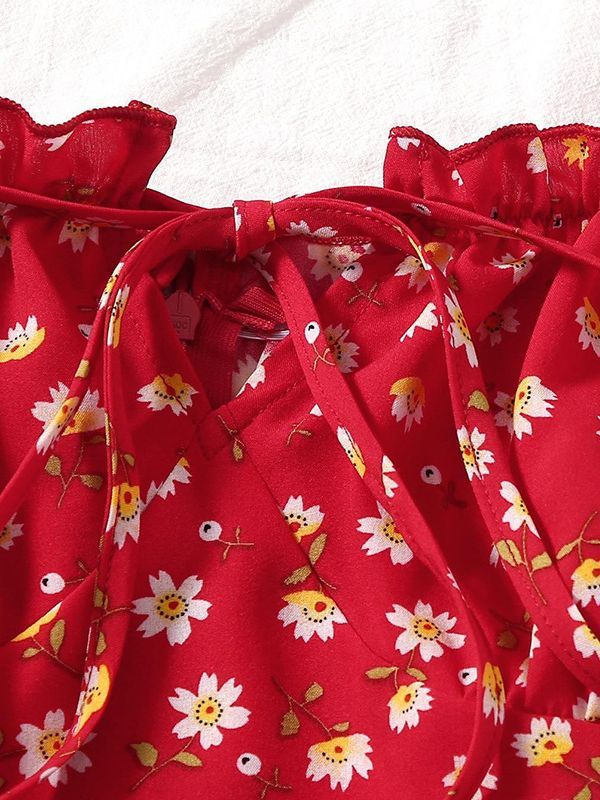 Fresh Floral Red Tie U Neck Sweet Mini Dresses