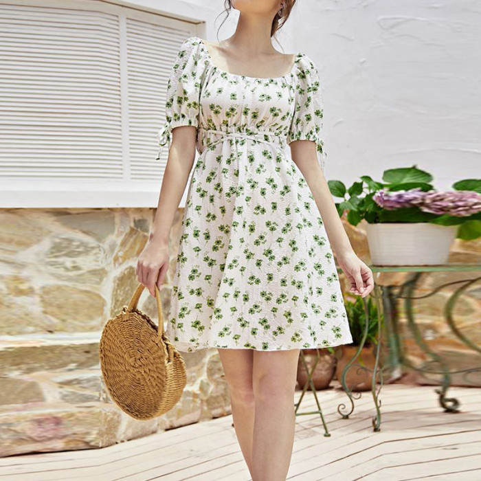 Sweet Puff Sleeves Floral U Neck Tie Mini Dresses