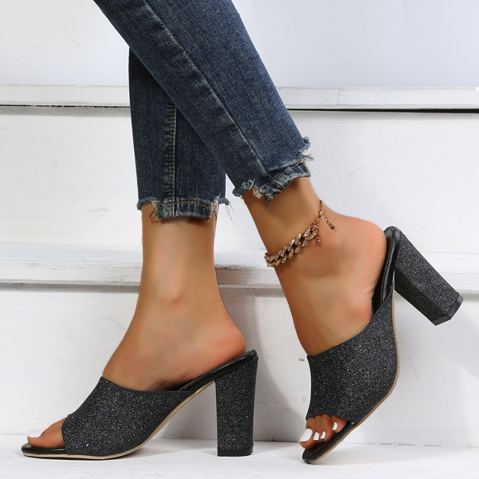 Fish Mouth Faux Leather Rubber Casual Line Heel Slippers