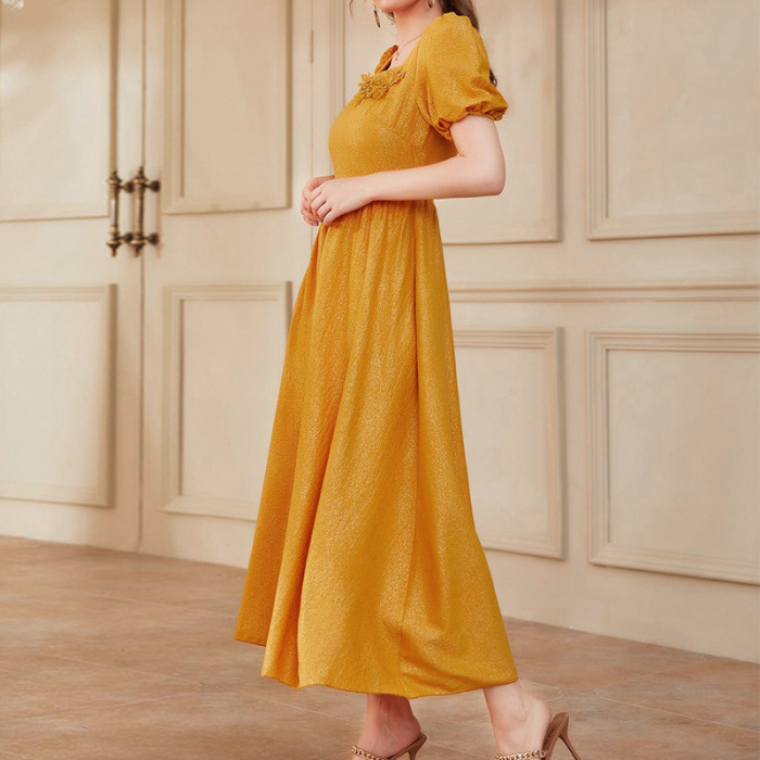 French Square Neck Short Sleeves Elegant High Waist Maxi Dresses