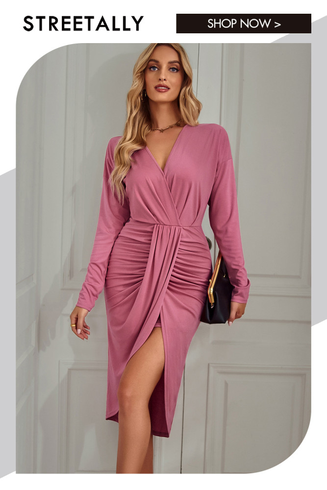 Solid Color Casual Style Long Sleeve V Neck Slim Fit Midi Dresses