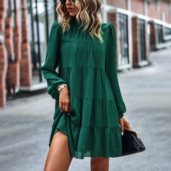 Round Neck Long Sleeve Loose Casual A-Line Skirt Mini Dresses