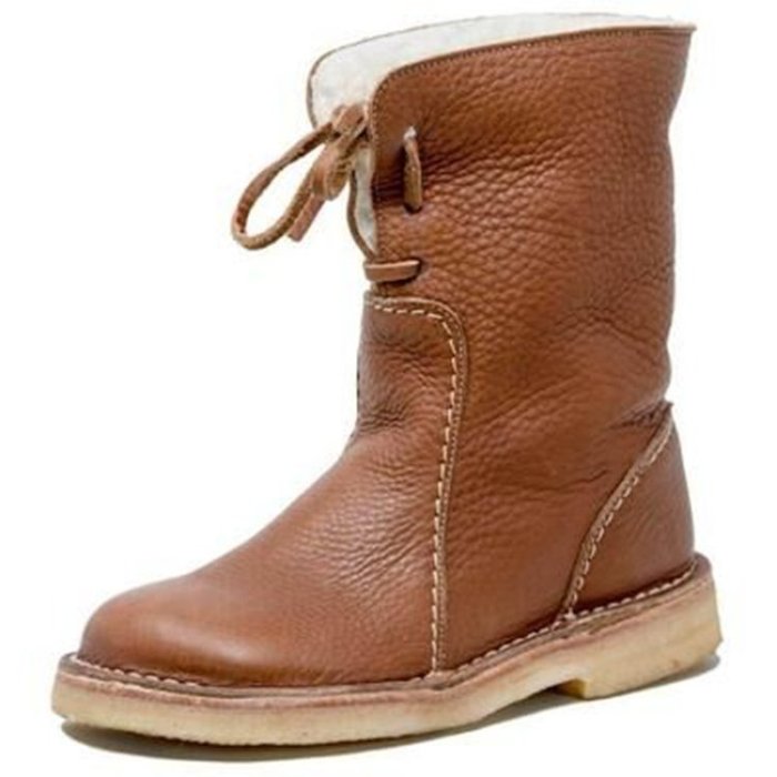 Round Toe Fleece Lace-Up Flat Large Casual Boots