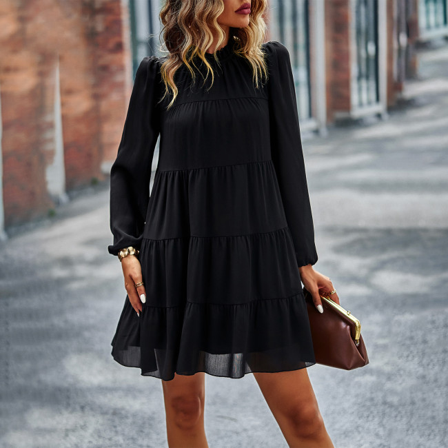 Round Neck Long Sleeve Loose Casual A-Line Skirt Mini Dresses