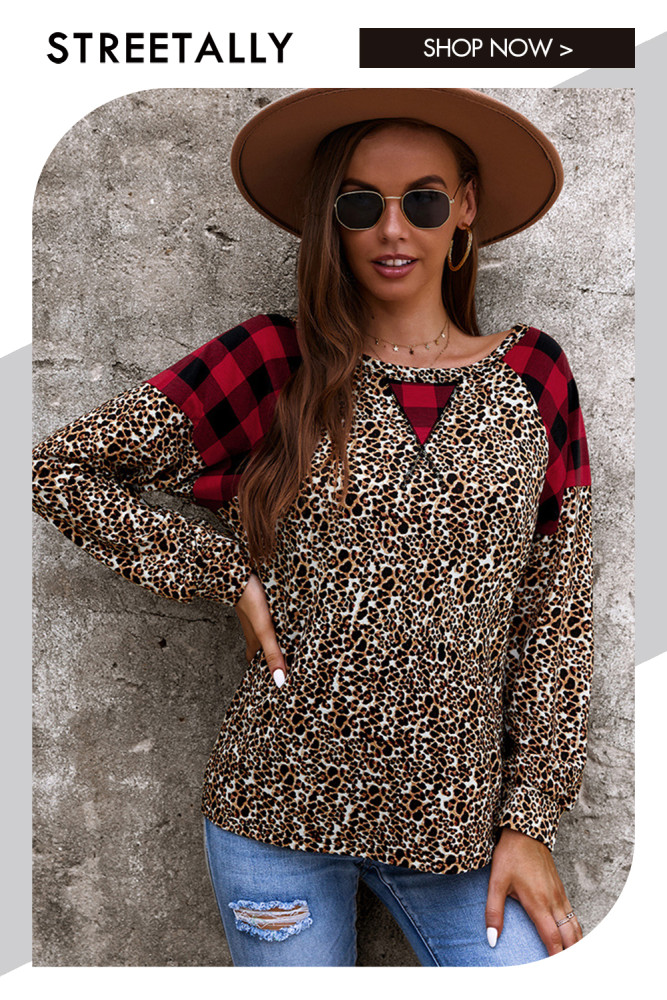 Leopard Panel Long Sleeve Casual Crewneck Loose Blouses & Shirts