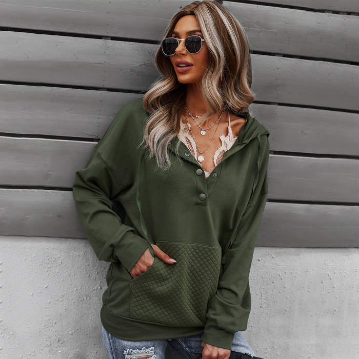 Solid Color Long Sleeve Hooded Button Pocket Casual Hoodies & Sweatshirts