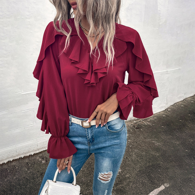 Elegant Vacation Solid Color Fungus Trim Ruffle Sleeves Blouses & Shirts