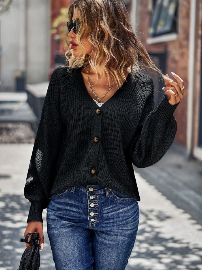 Solid V-Neck Single Breasted Stylish Warmth Sweaters & Cardigans