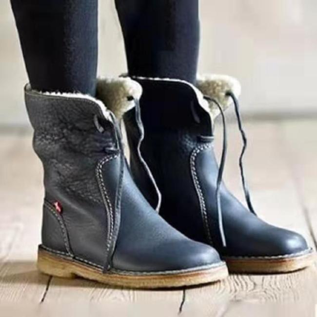Round Toe Fleece Lace-Up Flat Large Casual Boots
