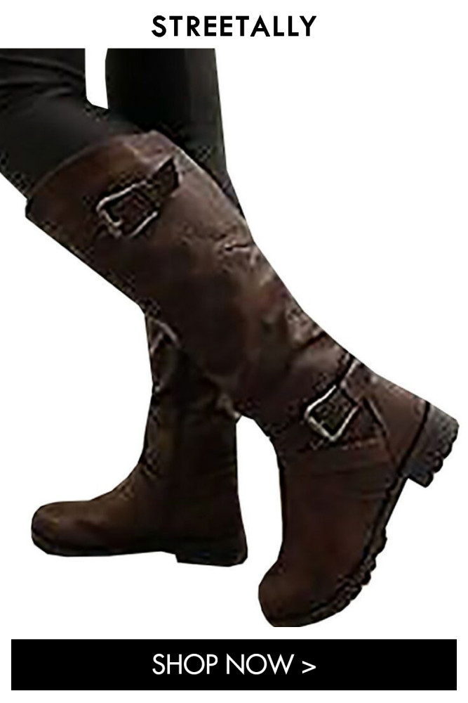 Large Size Round Toe Double Button Side Zip Flat Roman Boots