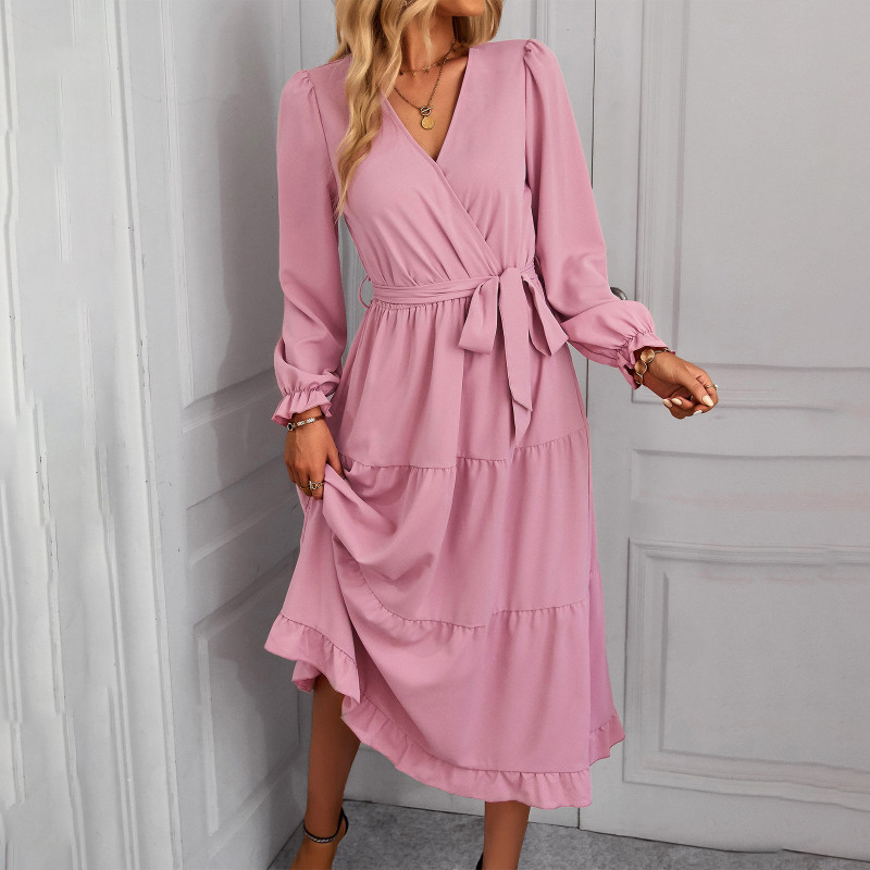 Elegant Solid Color Swing Casual V-Neck Midi Dresses