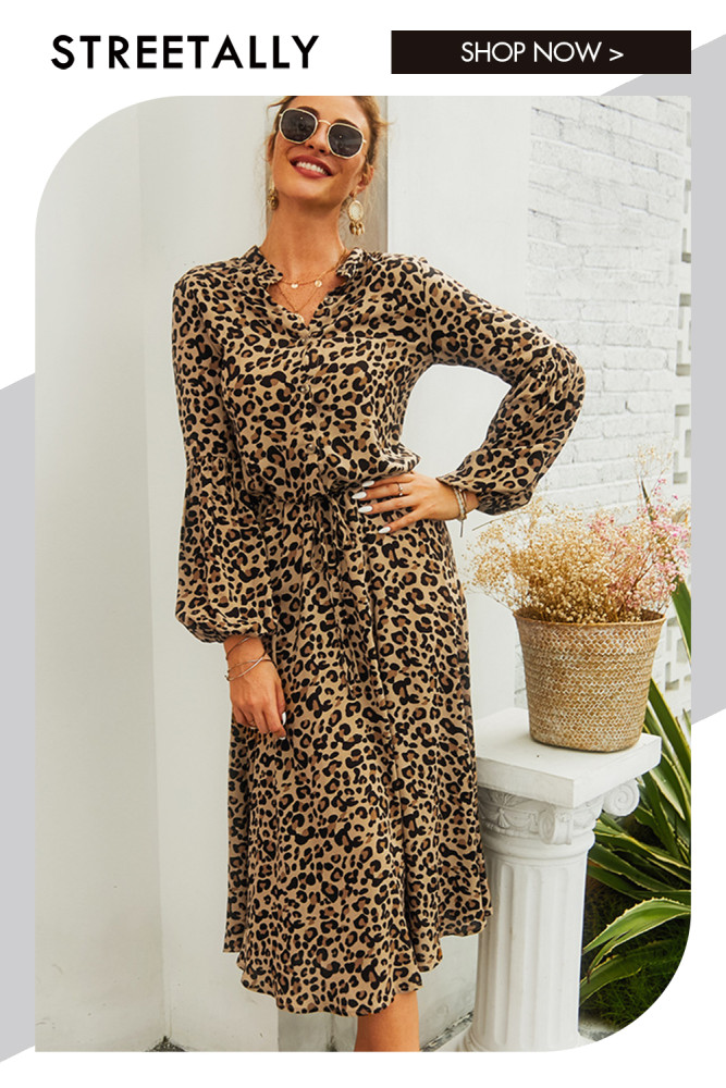 Leopard Print Long Sleeve Midi-Rise Single Breasted Midi Dresses