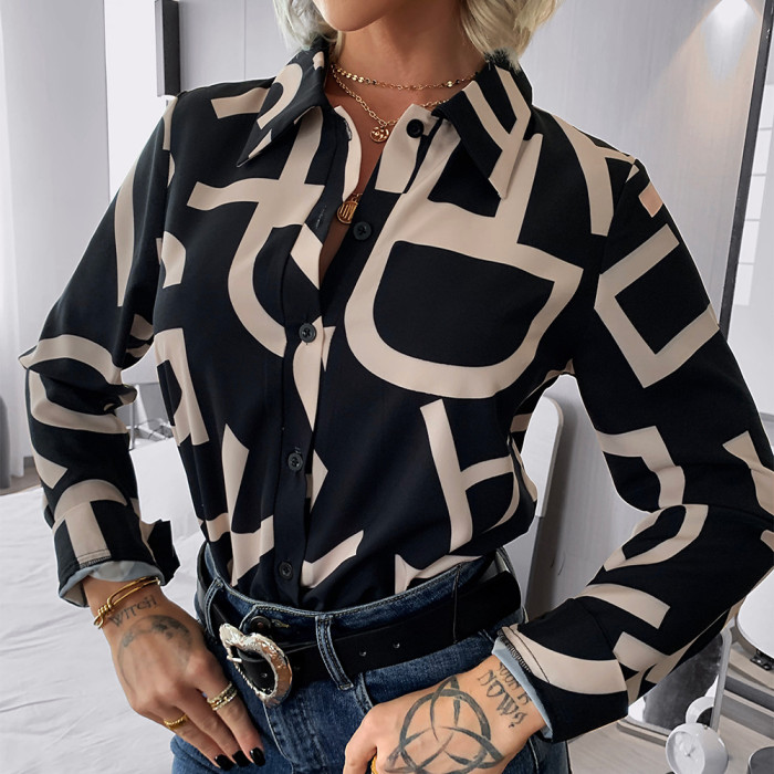 Stylish Commuter Letter Print Loose Lapel Blouses & Shirts