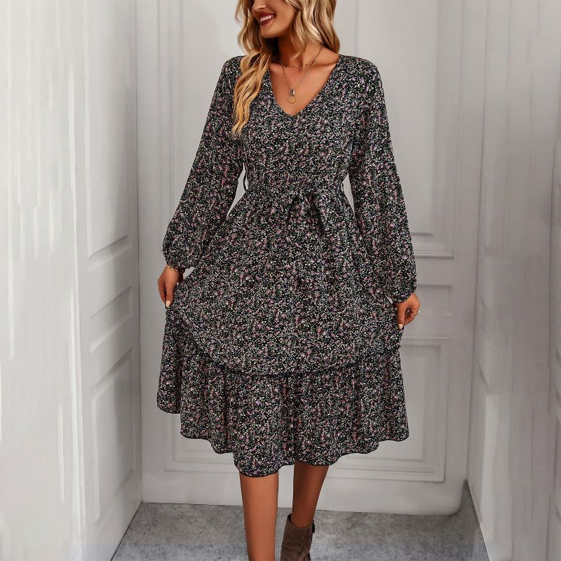 V-Neck Tie Swing Long Sleeves Elegant Print Midi Dresses