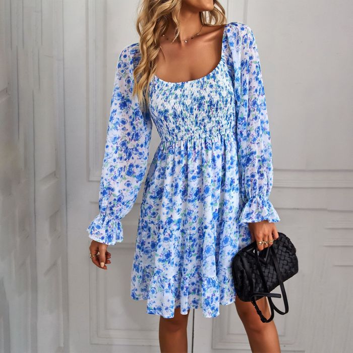 Boho Print Square Neck Chic Swing Balloon Sleeves Casual Dresses