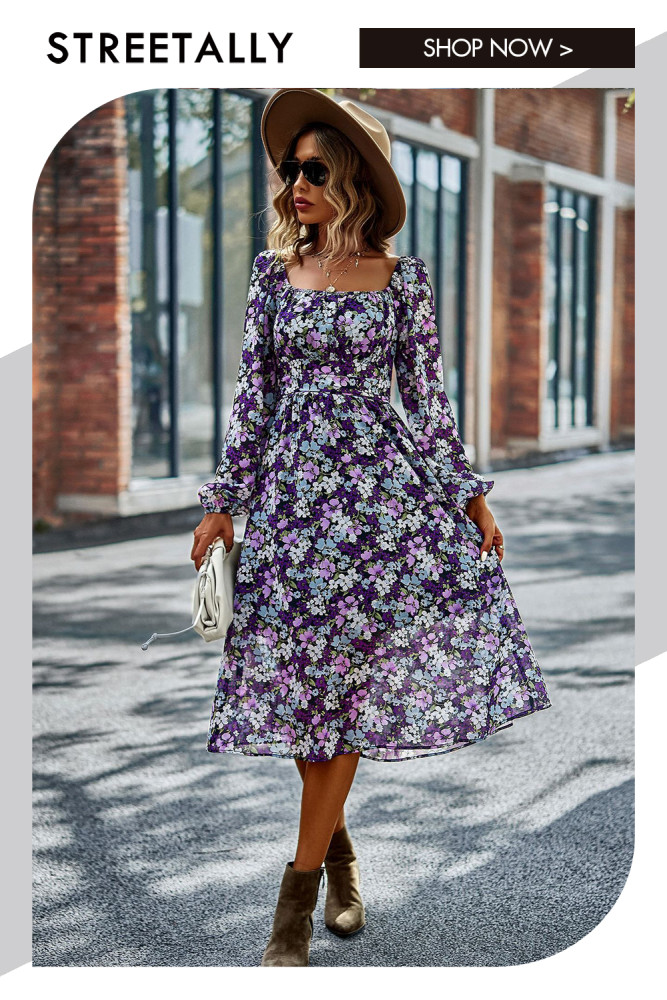 Fashion Print French Square Neck Elegantvv Casual Dresses
