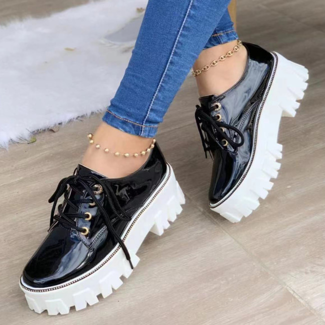 Plus Size Shiny Patent Leather Lace Up Casual Flat & Loafers