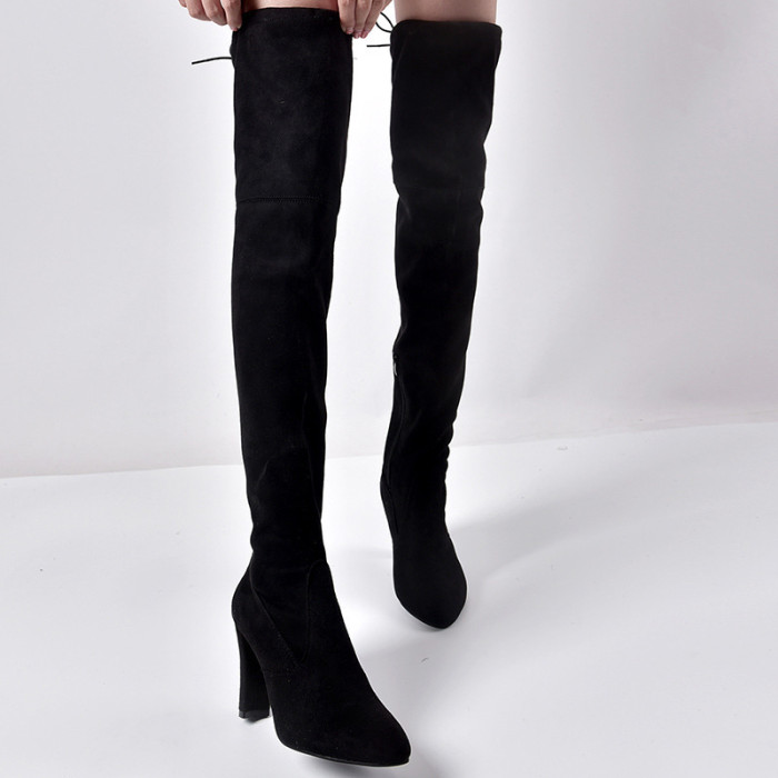 Fashion Solid Color Pointed Toe Chunky Heel Over-the-Knee Elastic Boots
