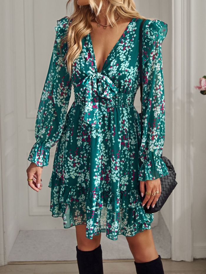 V-Neck Print Sexy Balloon Sleeve Mid-Rise Casual Dresses