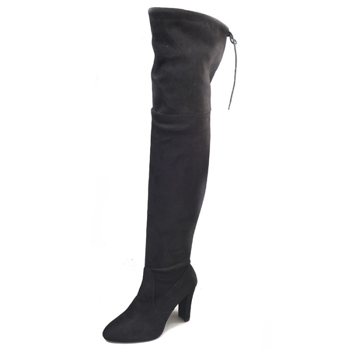Fashion Solid Color Pointed Toe Chunky Heel Over-the-Knee Elastic Boots